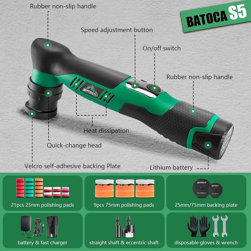 BATOCA S5 Cordless Mini Car Polisher Buffer Machine Dual Action & Rotary Mini Polishing Machine 1x 12V 2A Battery with 1inch 3inch Polishing Pads Kit for Car Motorcycle Deatiling Polish Buffing Clean - Image 3